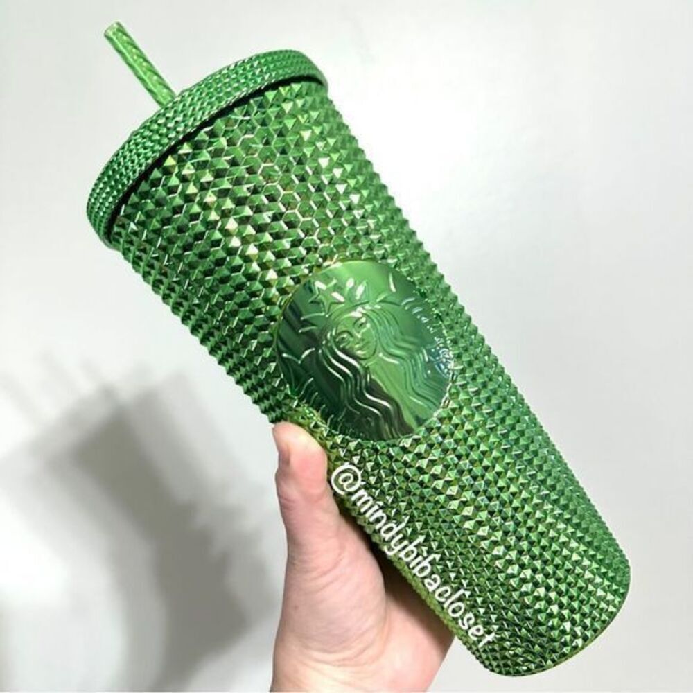 Starbucks 2023 Green Chrome Studded metallic bling Venti size Tumbler with straw